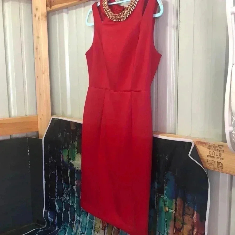 Worthington size 8 dark red dress with gold and rhinestone accents